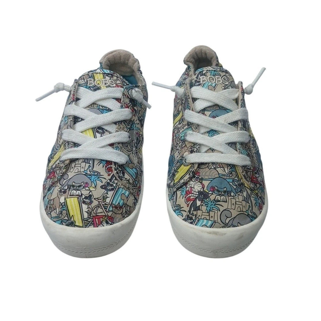 Bobs Skechers Beach Bingo Sneakers Womens 7 Taupe Multi Cat Print Slip On 113561