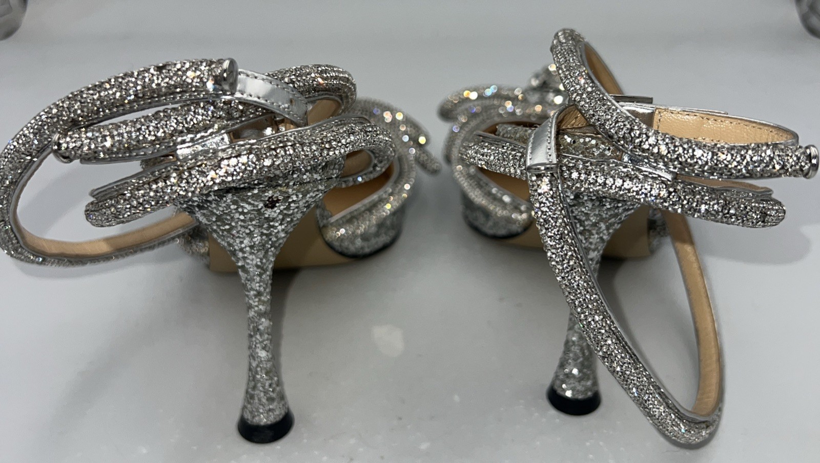 Mach & Mach Double Bow Glitter Crystal Embellished Heels Leather Women’s EU 39.5