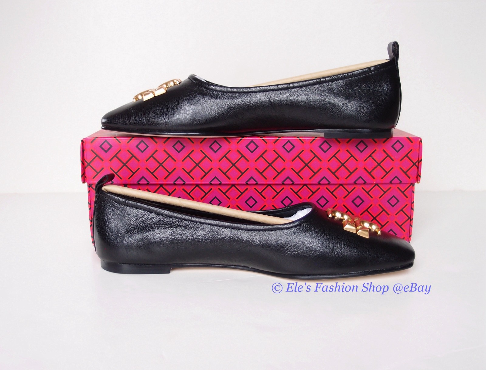 NIB Tory Burch Eleanor Ballet Leather Flat BLACK Gold US 8 8.5 9 AUTHENTIC