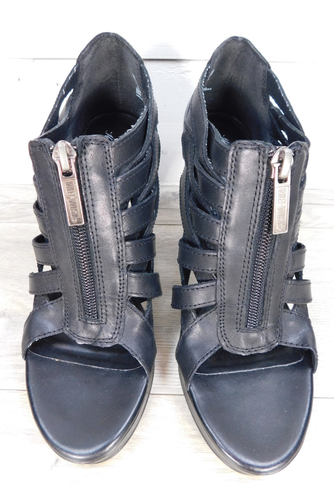 Harley Davidson Margie Black Leather Strappy Cone Heel Sandals D82323 Size 6.5 B
