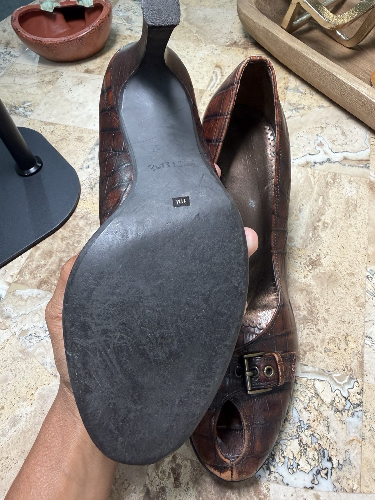 Cole Haan Brown Croc Embossed Leather Peep Toe Buckle Block Heel 11M
