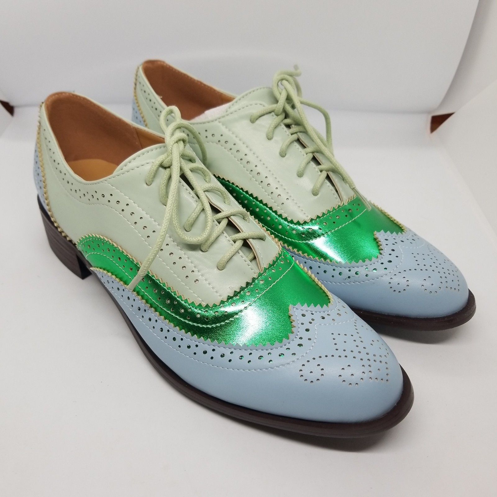 Size 9 Green Color Block Man Made Leather Wingtip Brogue Oxford Shoes