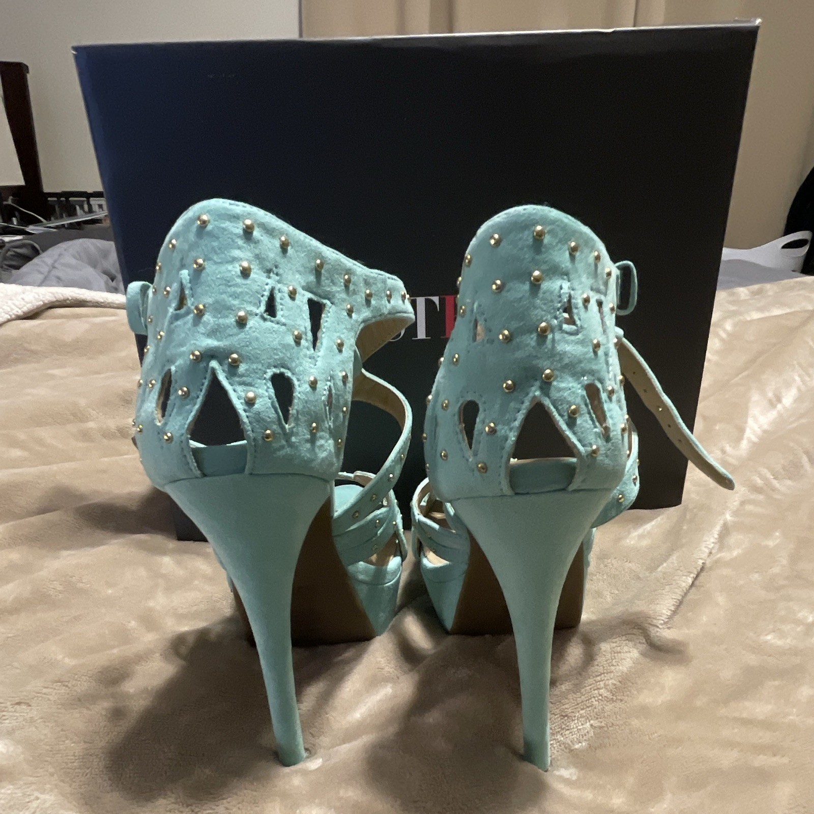 JustFab Mint (teal) Studded Ankle Strap Open Toe Platform Stiletto Heels 7