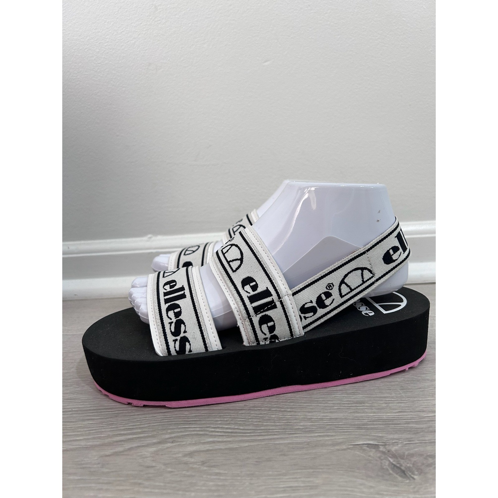 Ellesse Womens Platform Sandals Black White Pink Logo Strappy Sz 7 Retro 90s Y2K
