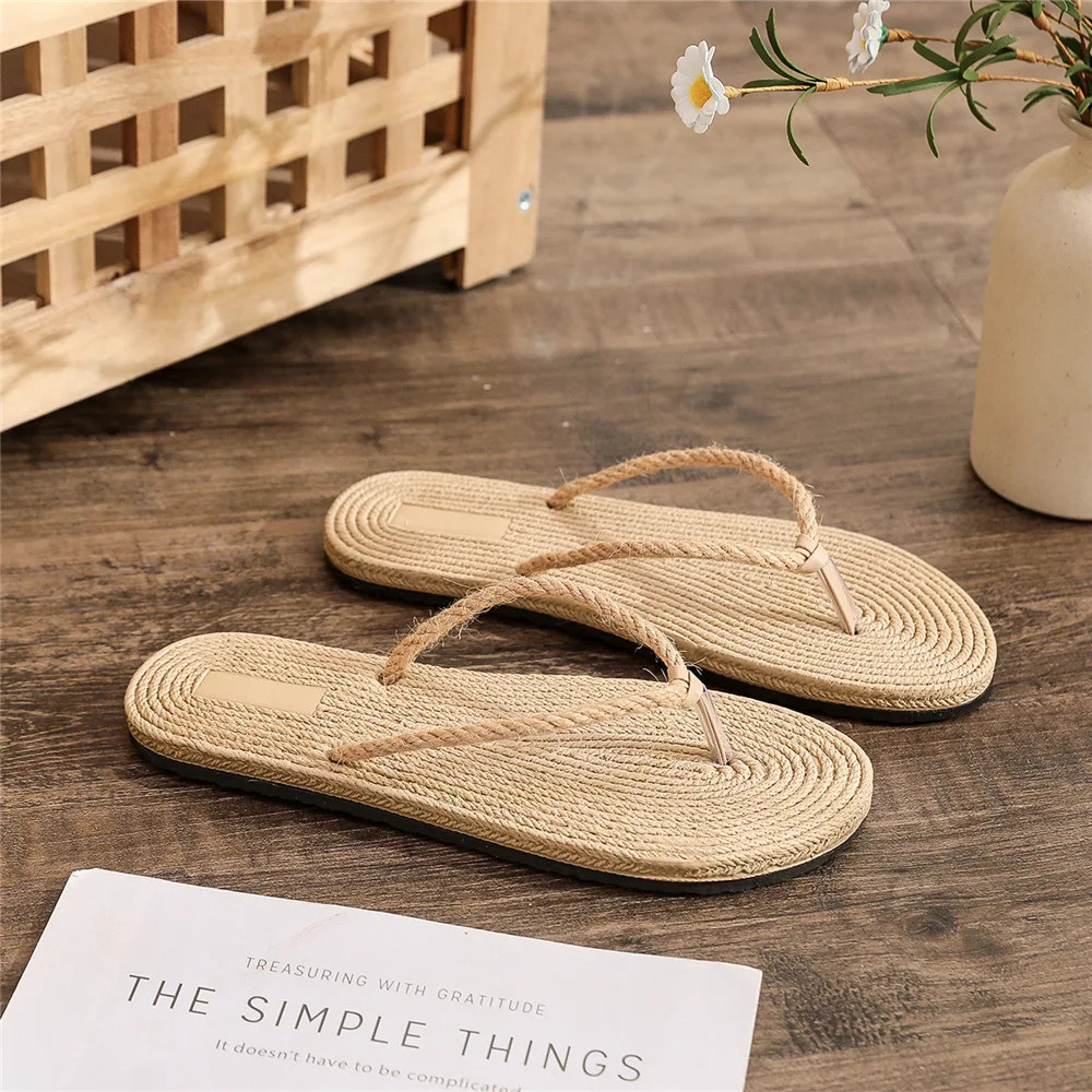 2025 Women Indoor Floor Flat Shoes Linen Flip Flops Home Slippers Female Slipper