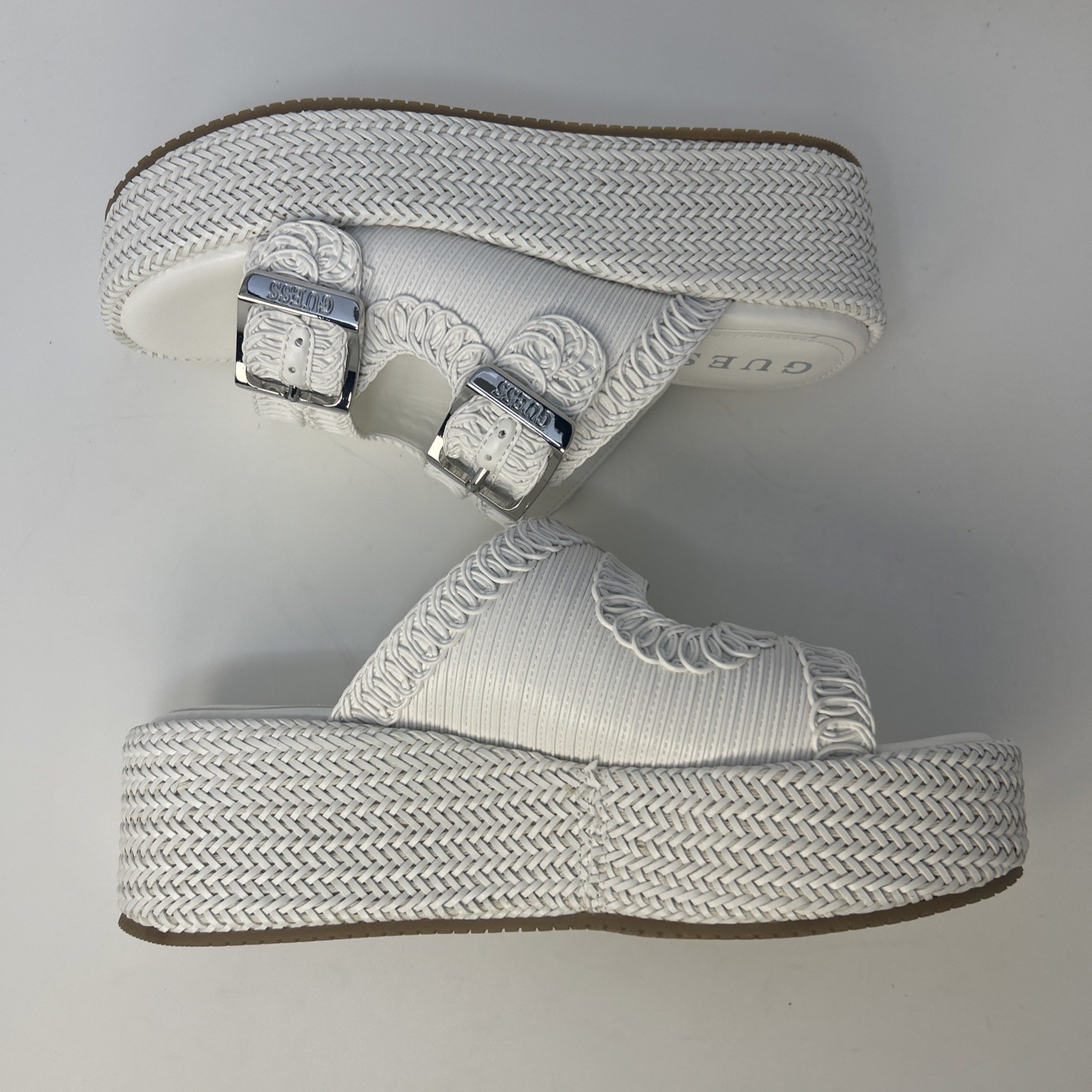 GUESS Binks Woven Platform Sandals Ivory White Double Buckle Wedge Size 10M NIB