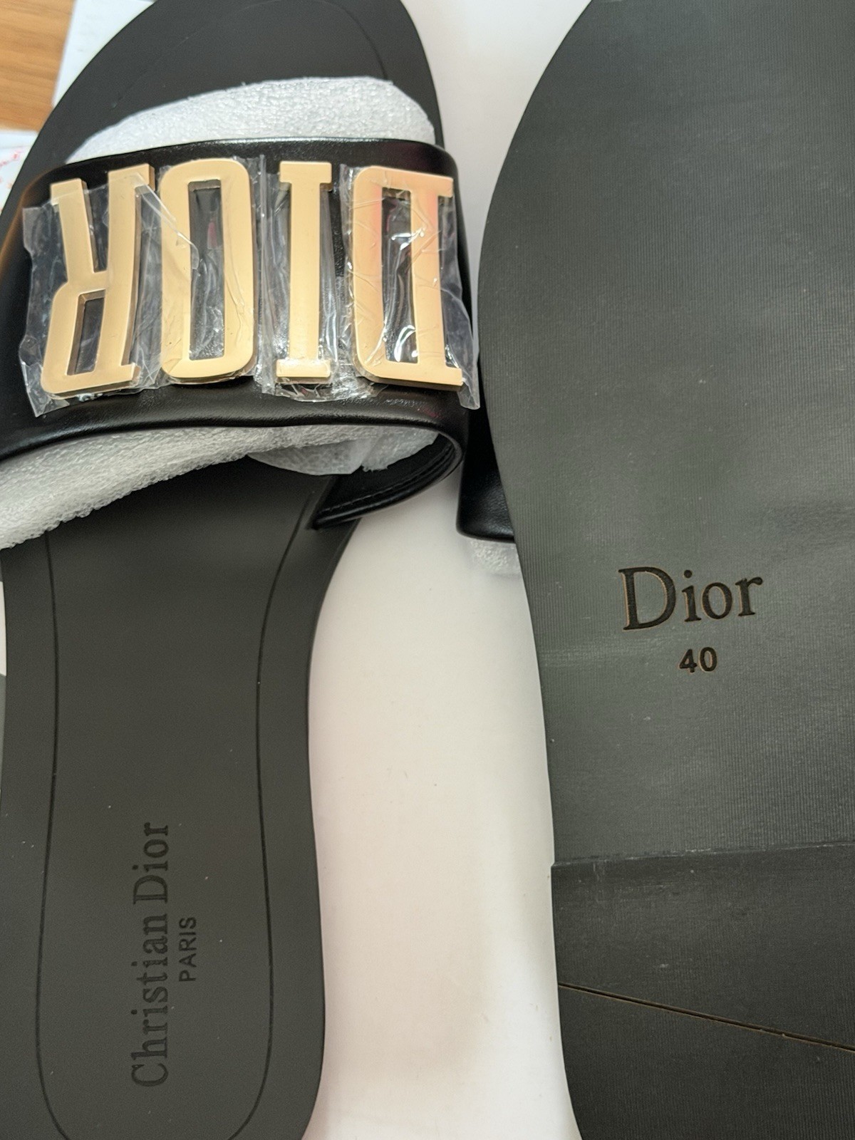 Dior Women’s Leather Logo Slide Sandals Black/Gold Slip-On US 10 EU 40