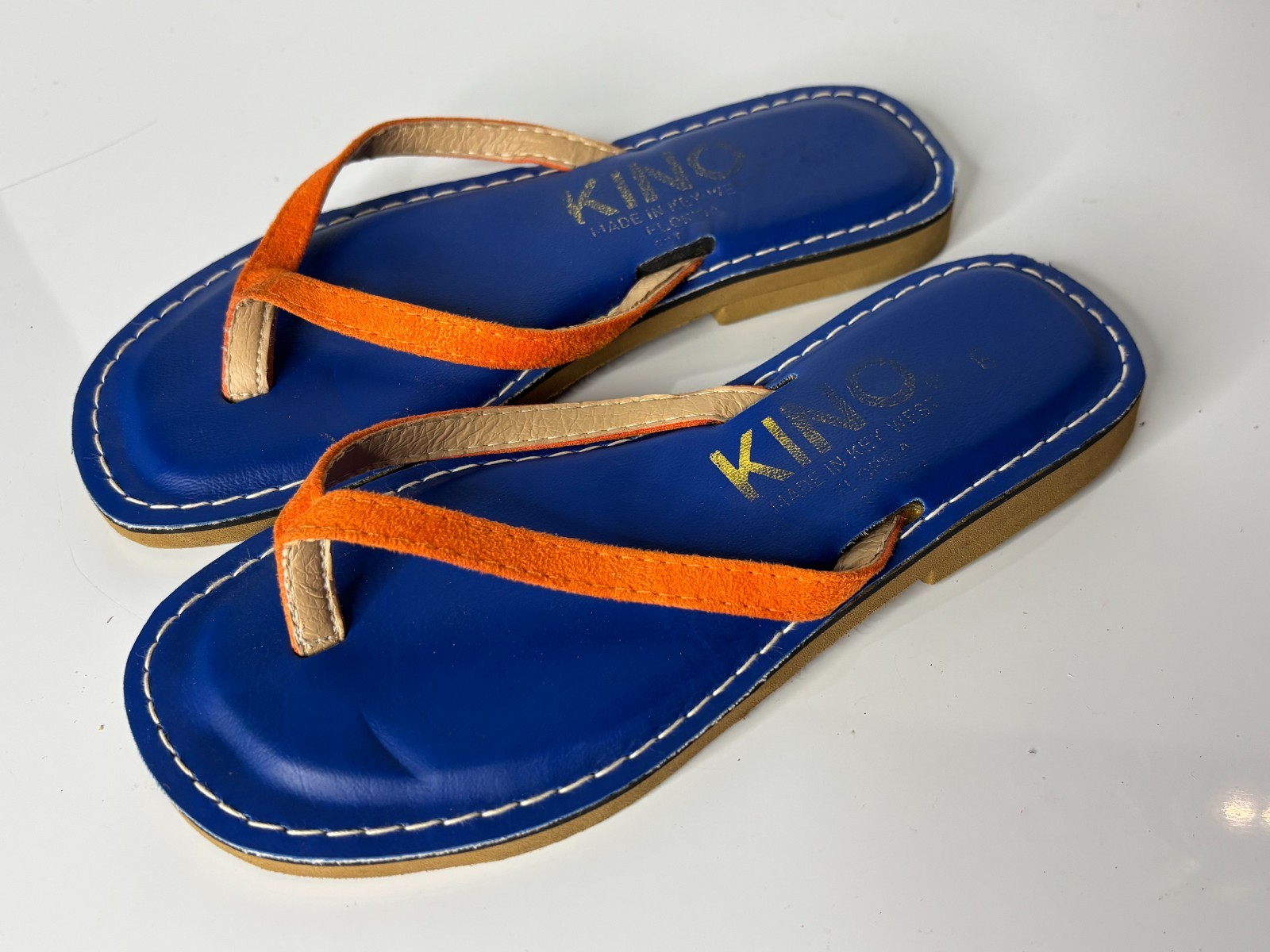 KINO Made Key West Florida Orange Blue Thin Strap Leather Flat Flip Flops Size 6