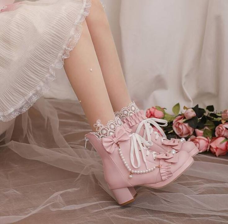 Women Bow Round Toe Block Heel Ankle Boot Lace Lolita Boot Sweety Mary Jane Shoe