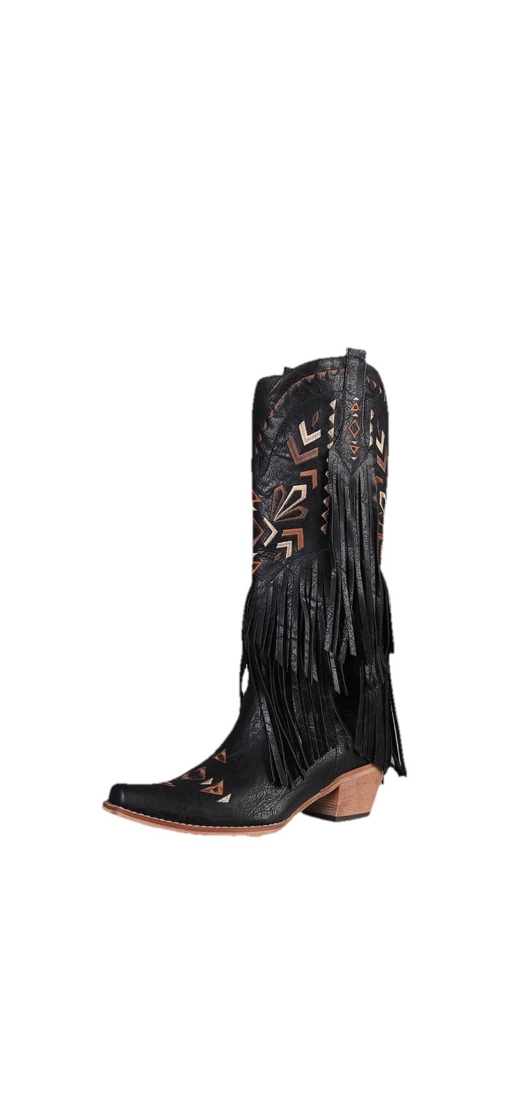 SARAIRIS Western Mid Calf Bootie, Chunky Heel Fringe, Embroidered Denim, 2.75in