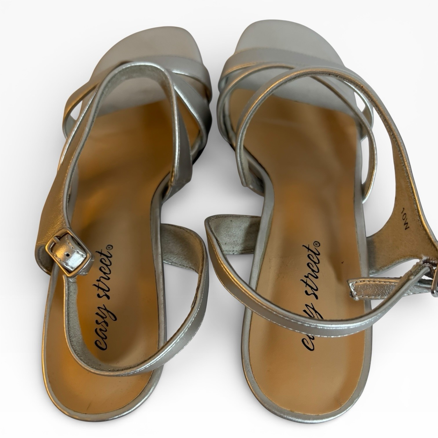 Easy Street Silver Strappy Kitten Heel Sandals Women Size 10W Wide Wedding Dress