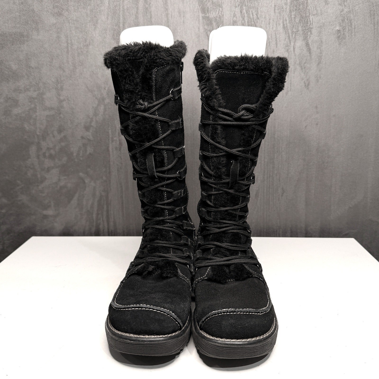 Vtg Y2K Boots Womens 40 Black Suede Faux Fur Platform Chunky Heel Emo Whimsigoth