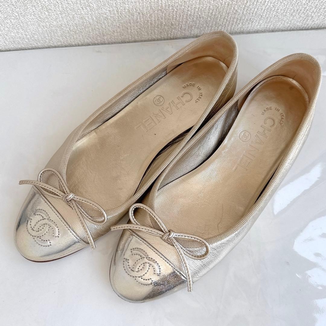 CHANEL Cocomark Ballerina Flats Leather Logo Ribbon Italy Used