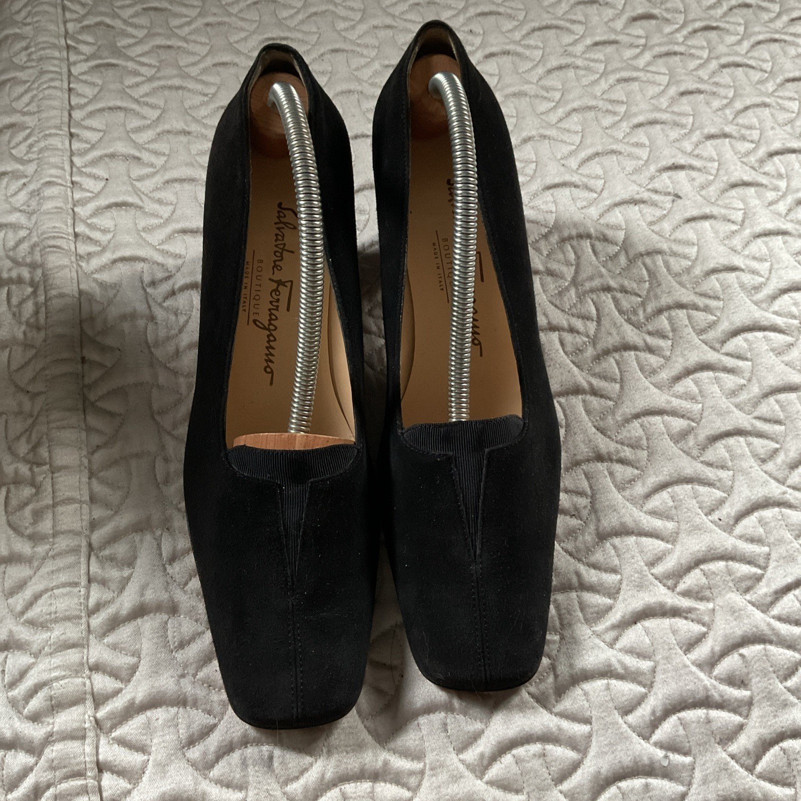 WOMENS SALVATORE FERRAGAMO BLACK SUEDE SHOES WALKING HEEL 8.5AAA
