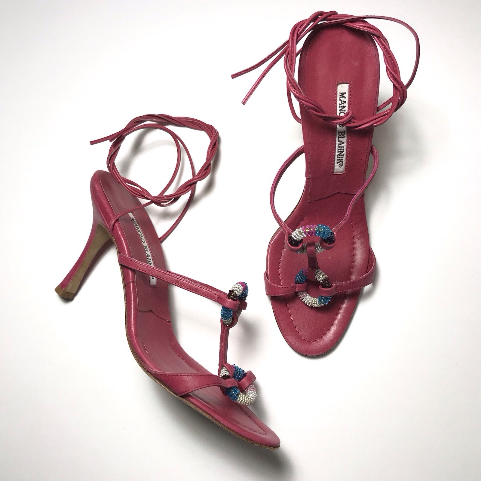 Manolo Blahnik Y2K Vtg Pink Beaded Ring Strappy Ankle Lace Stiletto Sandals 38