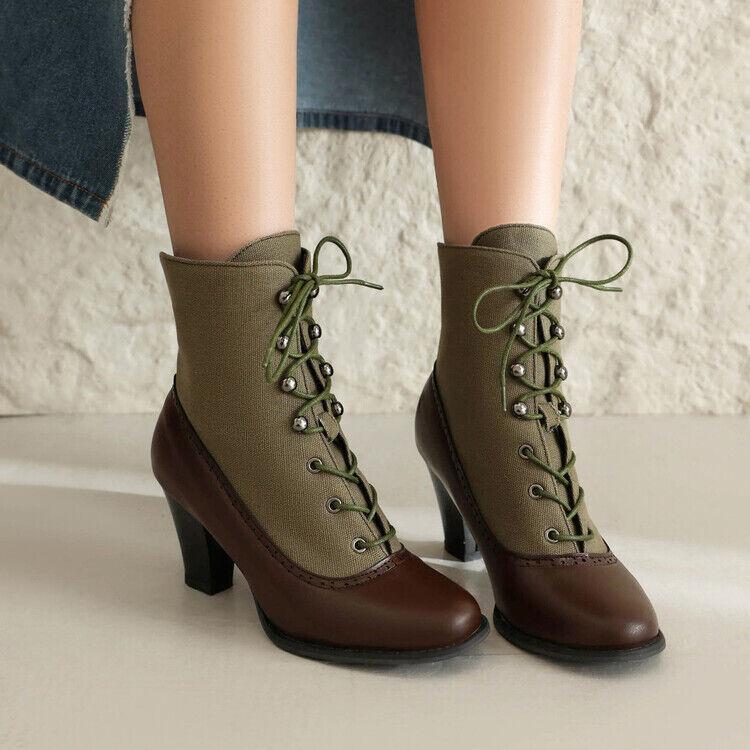 Women’s Ankle Boots Splicing Low Heel Lace Up Shoes Canvas Leather Patchwork NEW