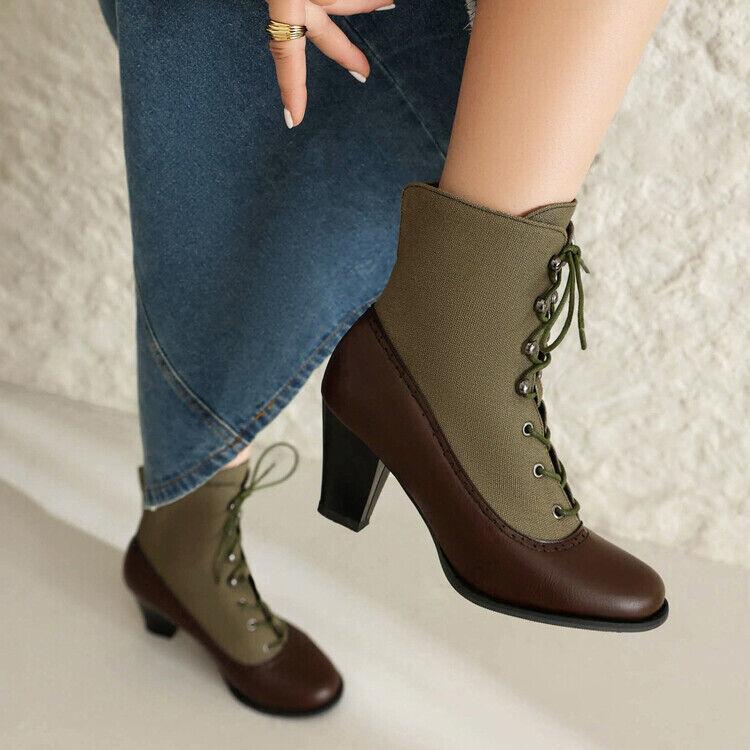 Women’s Ankle Boots Splicing Low Heel Lace Up Shoes Canvas Leather Patchwork NEW