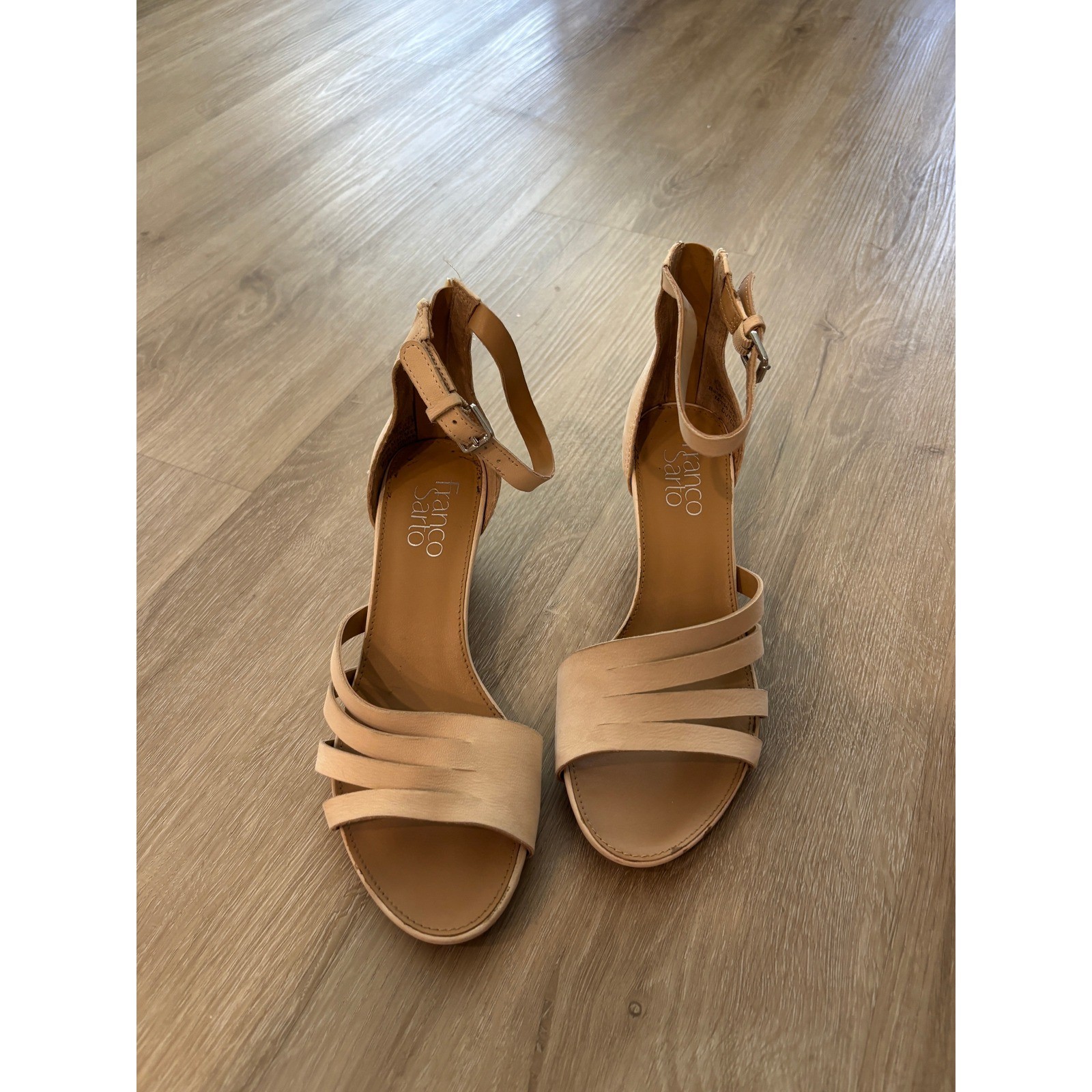 Franco Sarto Dutch Nude Leather Wedge Sandals Ankle Strap Beige Womens 5.5 M