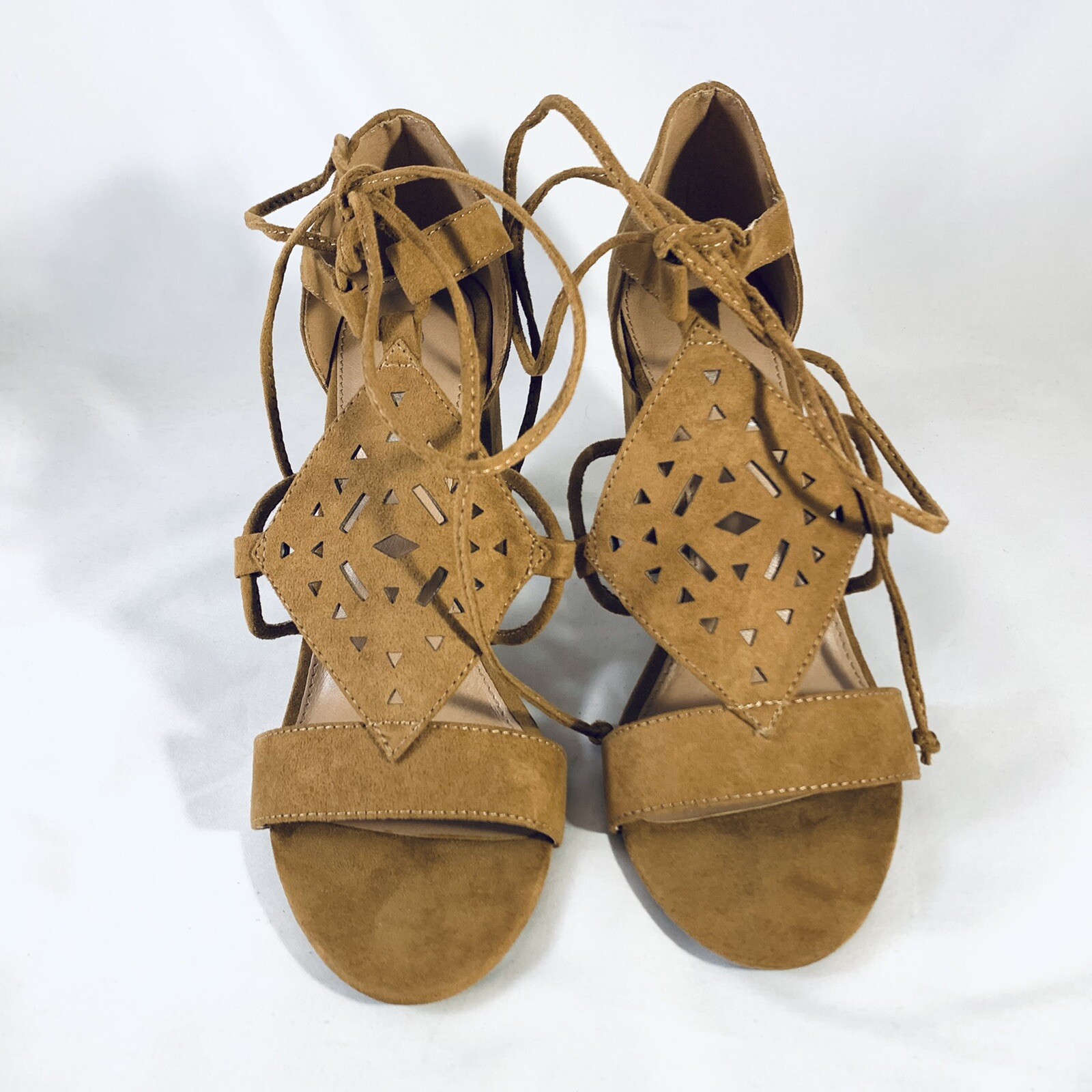 Sportsgirl Block Heels Ankle Tie Brown Faux Suede Sandals Country Boho AU 6.5