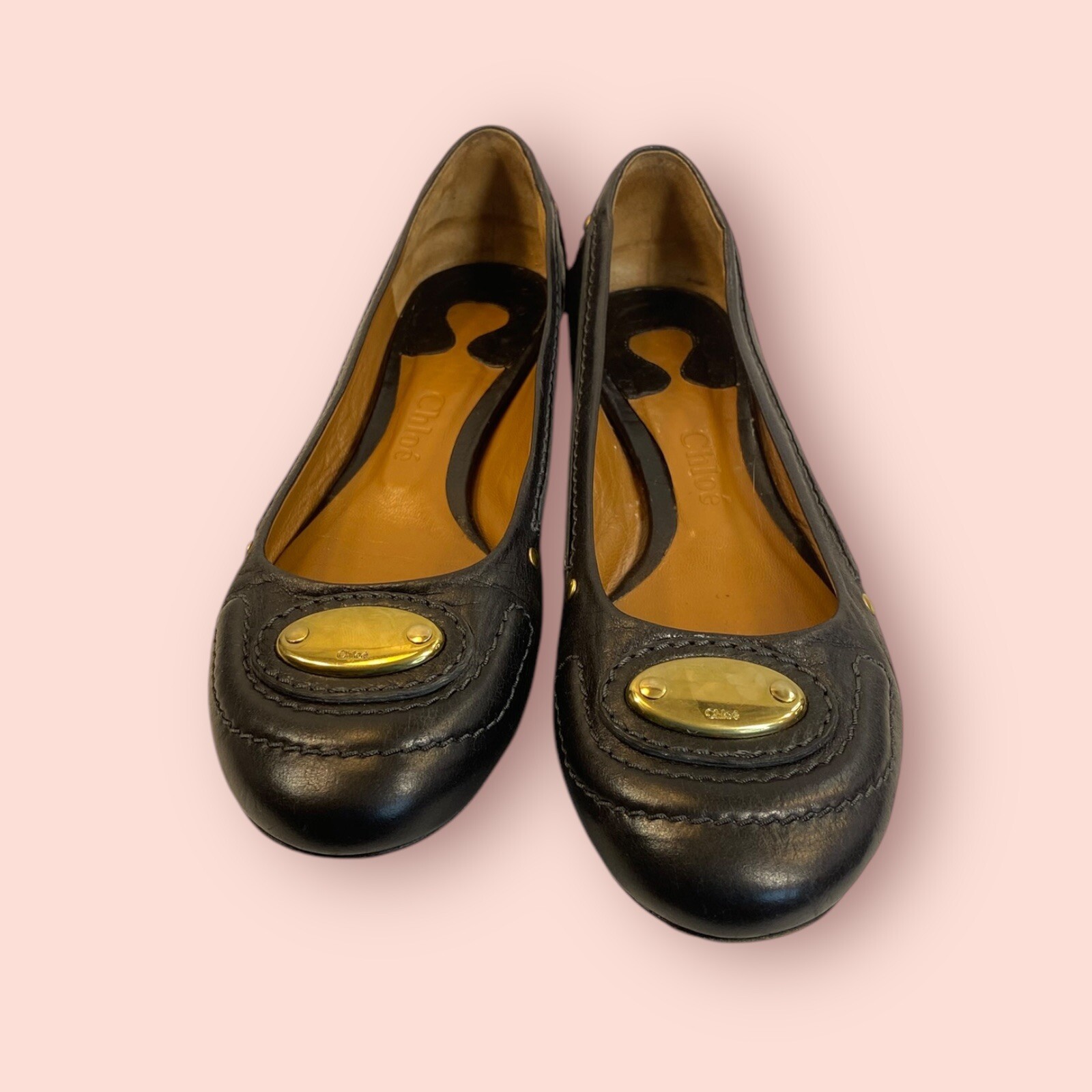 CHLOE Black Luxury Designer Leather Flats Metal Logo Accents Made In Italy 39