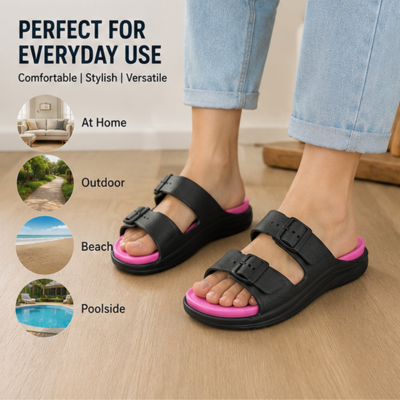 Pillow Slides Anti-Slip Sandals Double Buckle Cloud Slippers Home Outdoor adjust