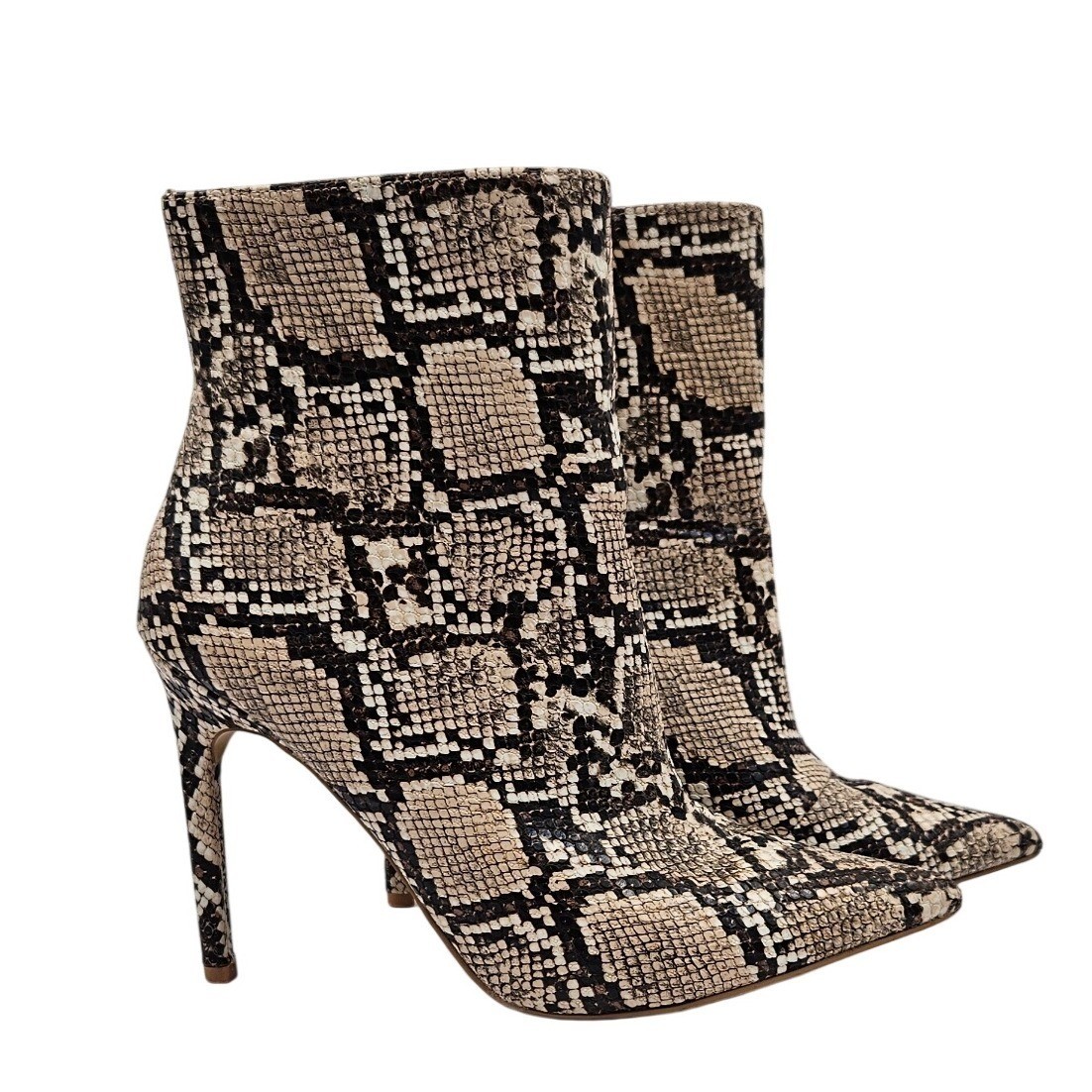 Express Snakeskin Print Pointed Toe 4.25″ Stiletto Ankle Boots Tan & Brown Sz 8