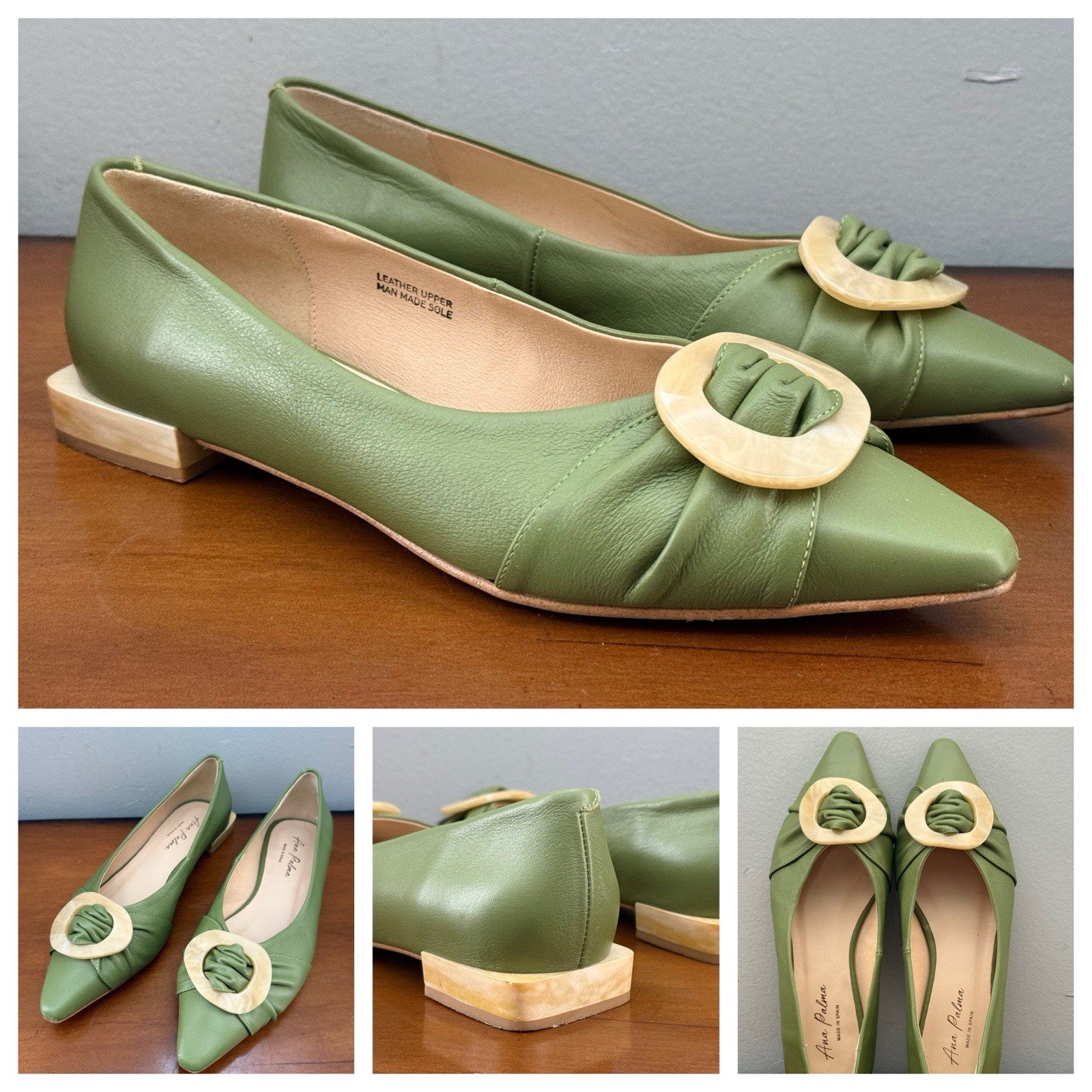 Ana Palma Green Leather Square Heel Toe Ballet Flats Women’s EU 38 US 7.5-8 EUC