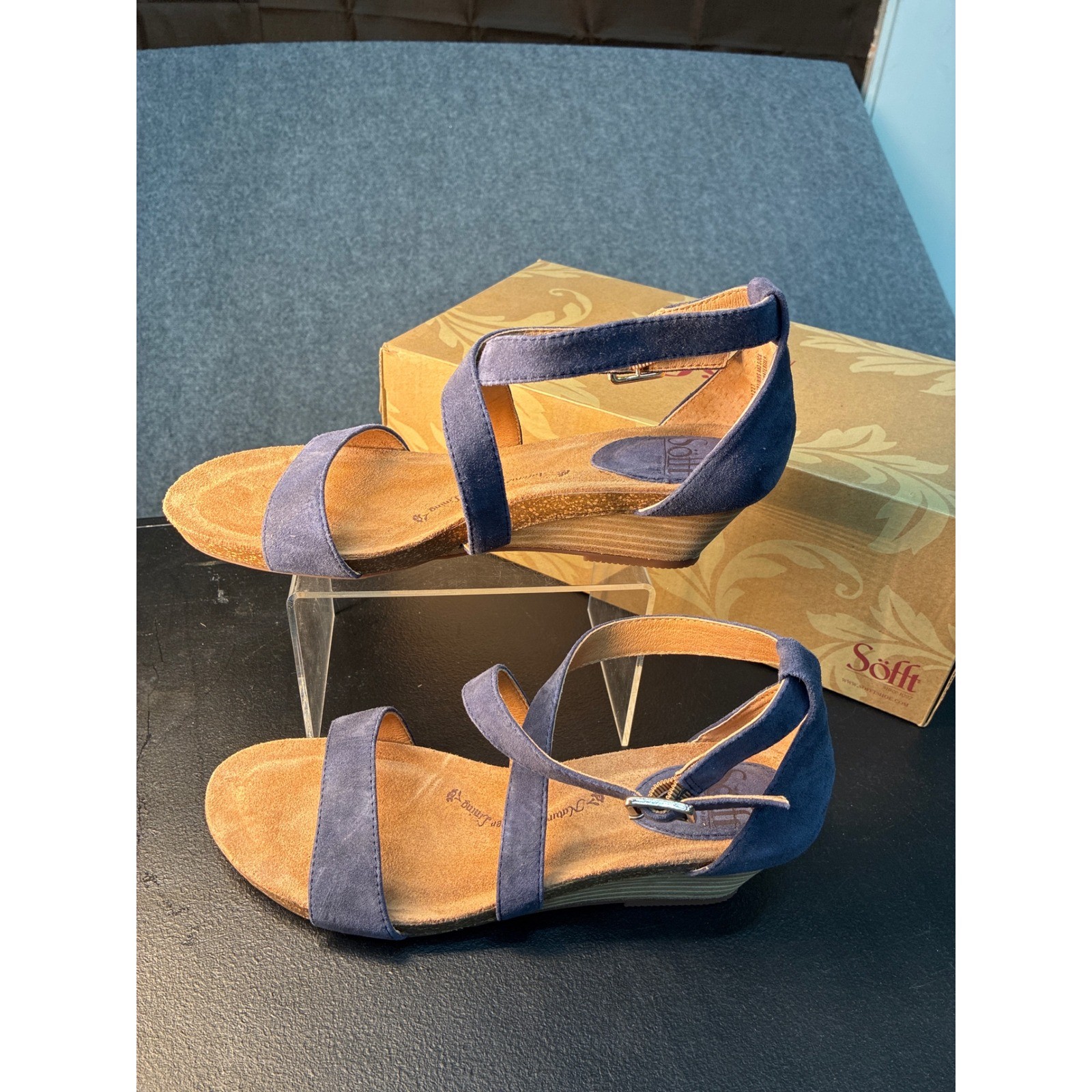 Sofft Valeryn Denim Blue Suede Low Wedge Strappy Sandals Womens 7.5M NWOT