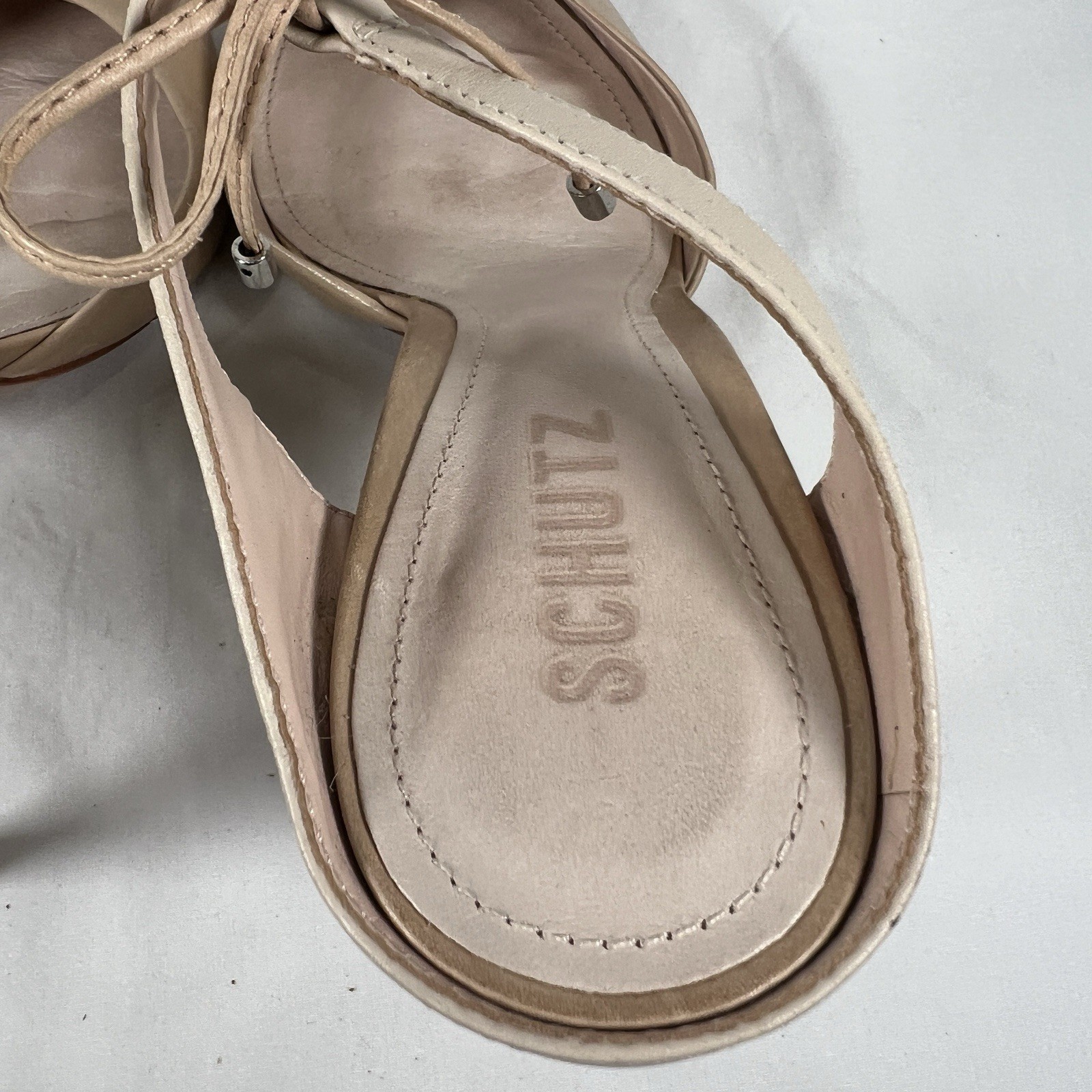 Schutz Nude Leather Pointed Toe Heels Ankle Tie Minimalist Quiet Luxury Sz 9.5B