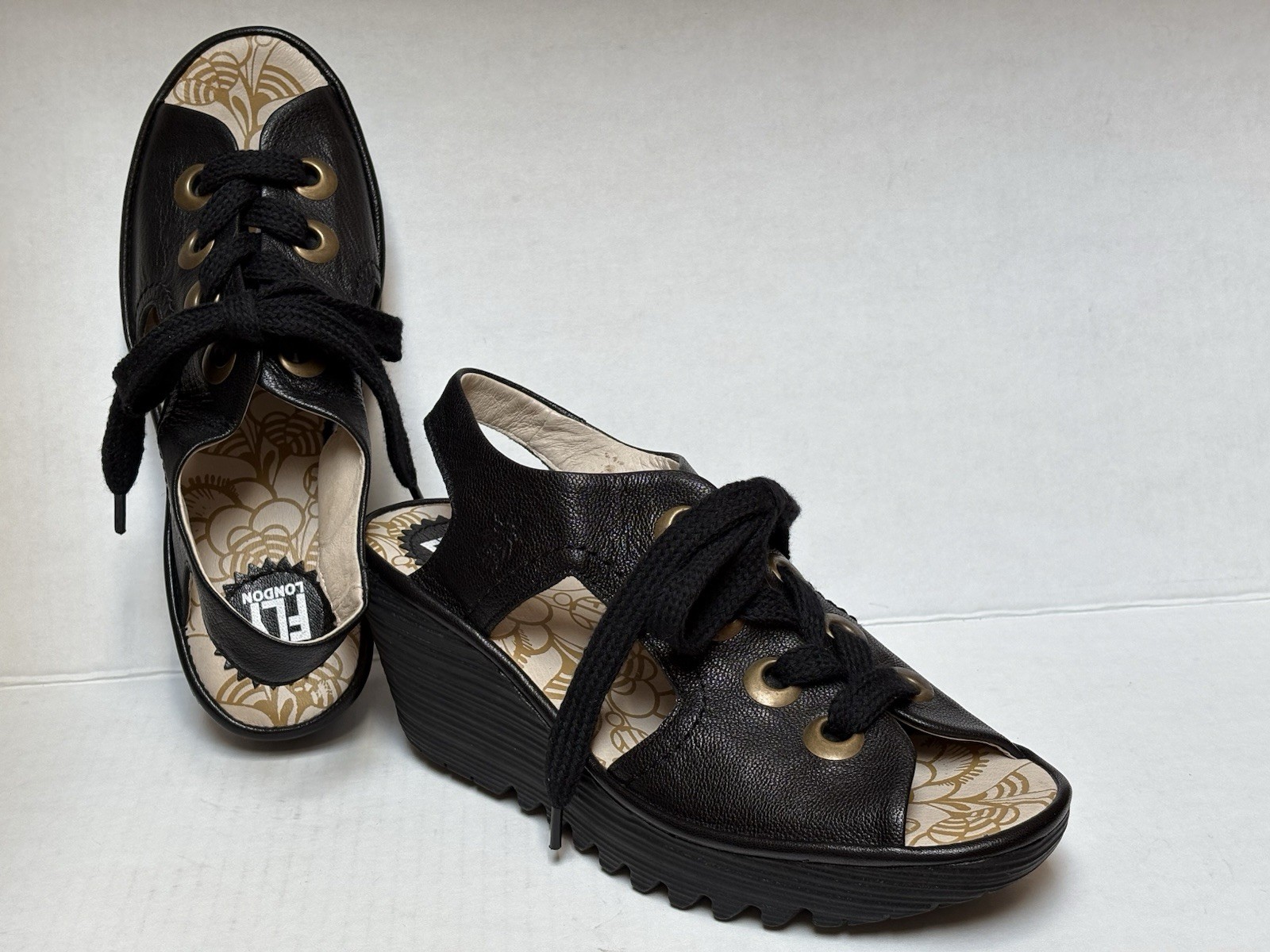 FLY London YLVA Women’s 38/7.5M Blk Leather Lace Up Wedge Slingback Sandals ~NEW