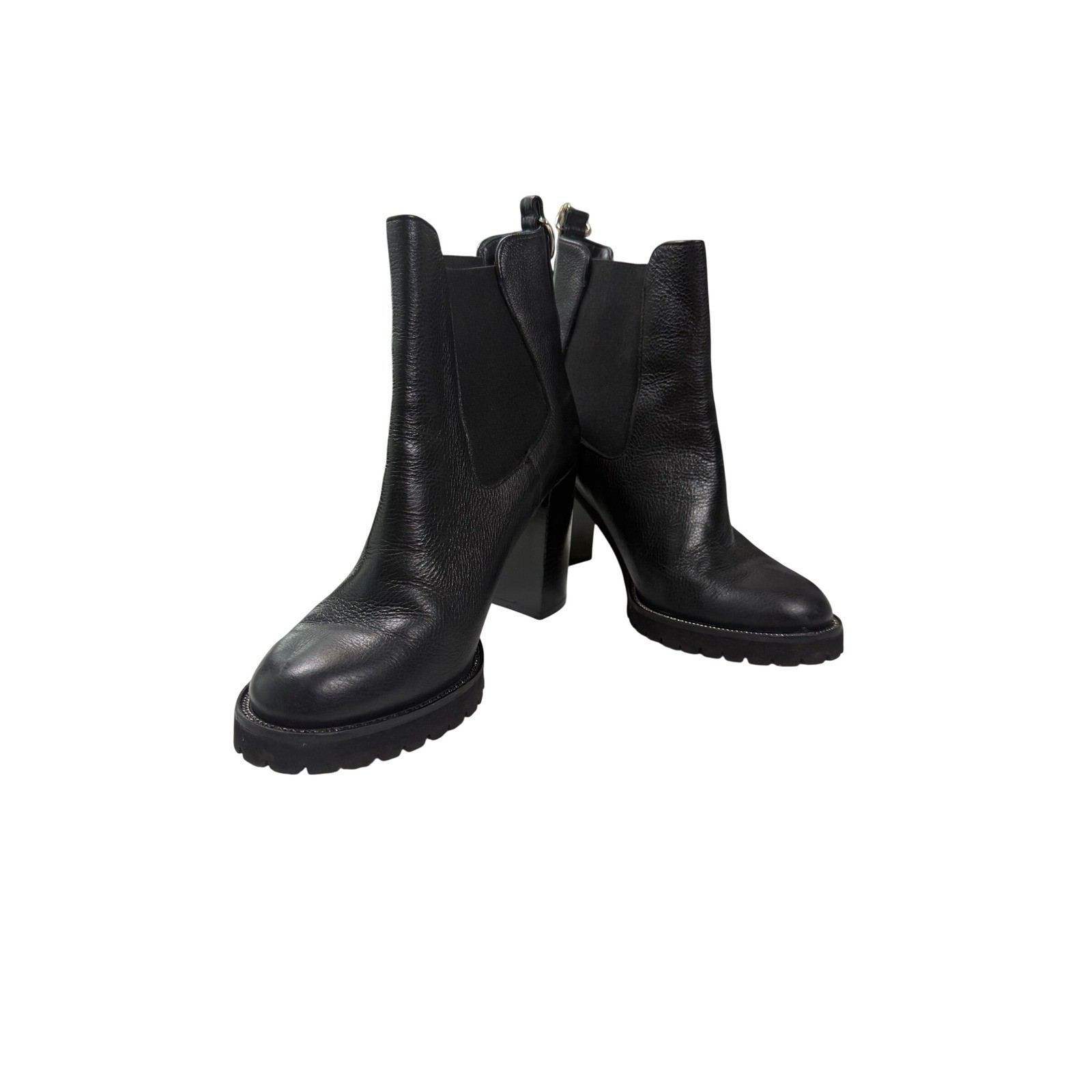 Evaluna Black Leather Lug Sole Block Heel Chelsea Boots Made in Italy Size 39