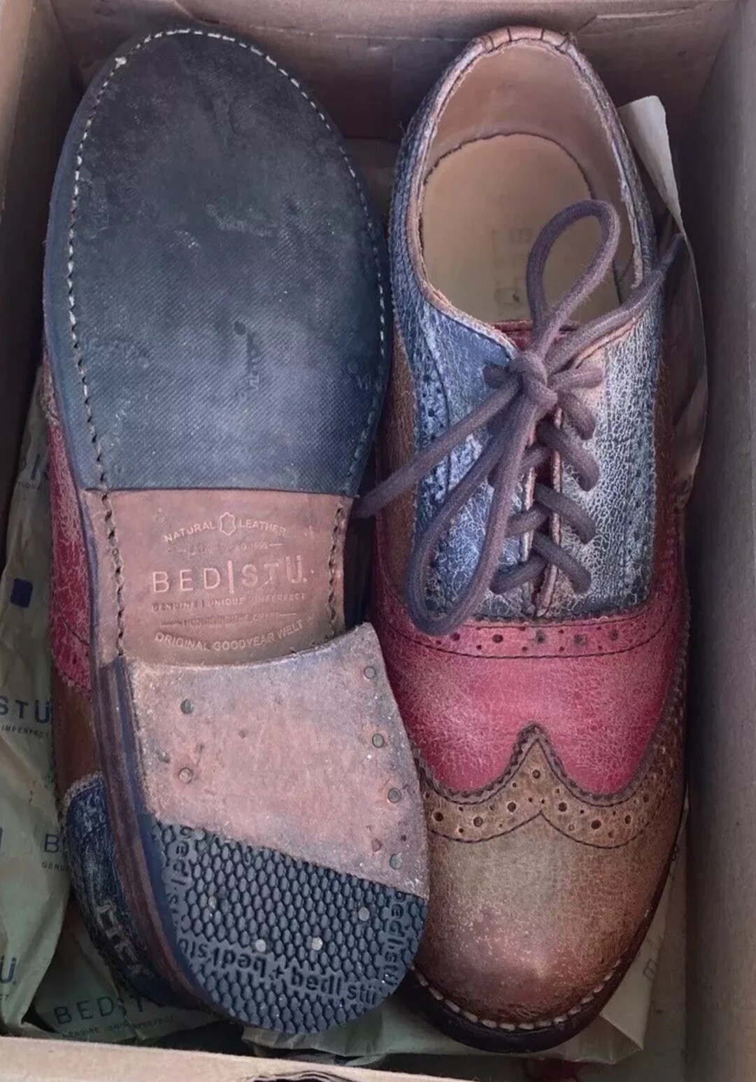 Bed|Stu Lita Red(pink)/Caramel(tan)/ Silver Lux(Blue)Leather Handmade Oxford 7.5