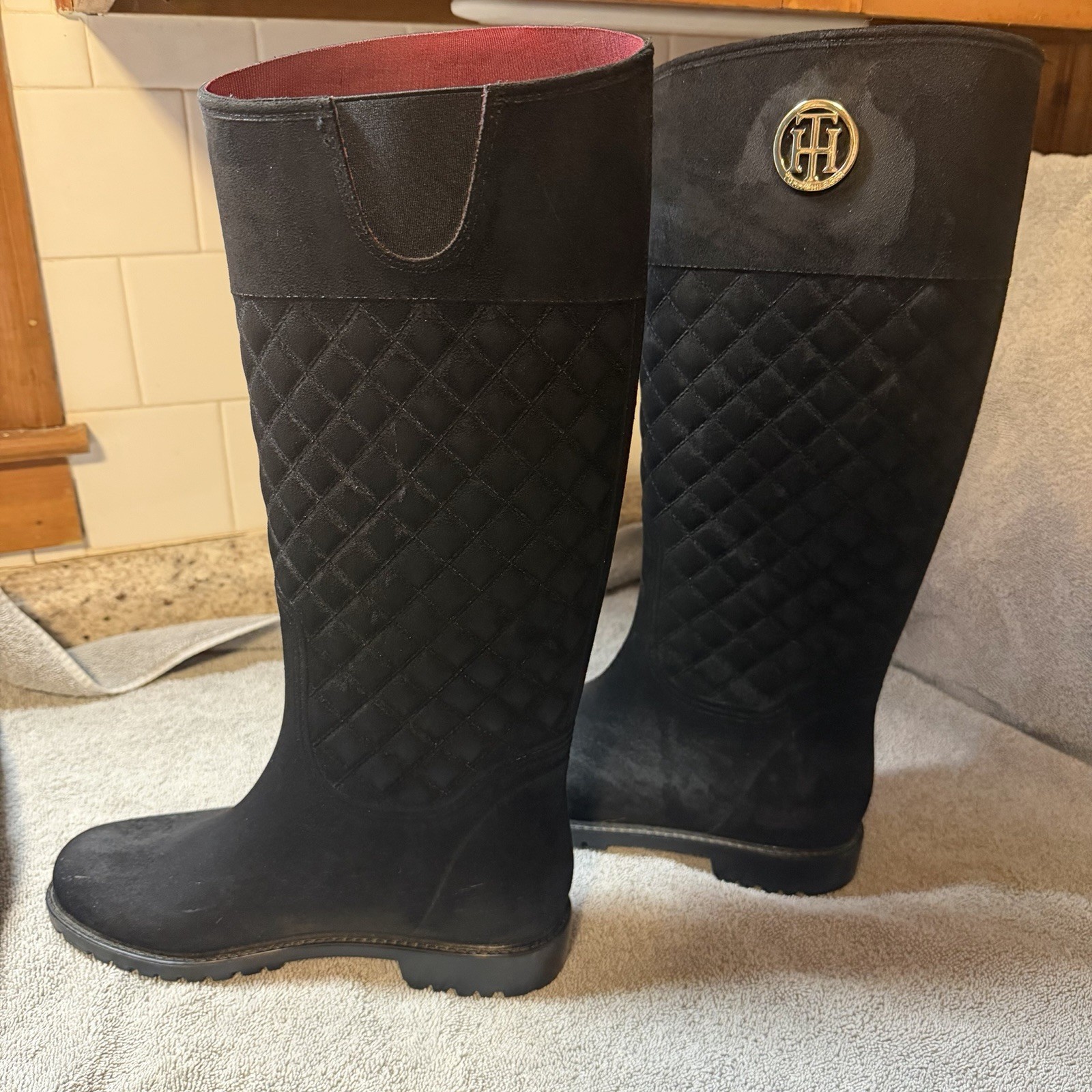 Tommy Hilfiger Babette Black Quilted Logo Knee High Textile Riding Boots 9M