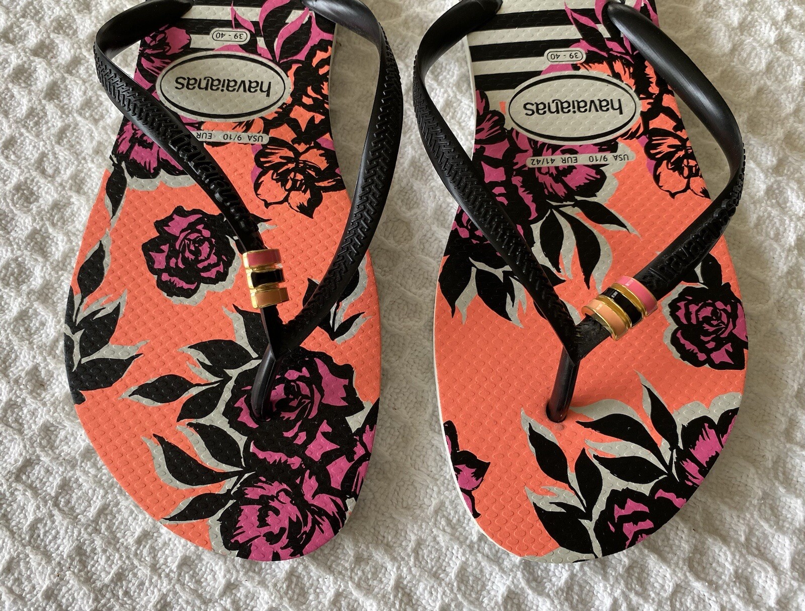 HAVAIANAS Slim Floral Stripe Flip Flops Thong Sandals 39/40 EUR 41/42 USA 9 / 10