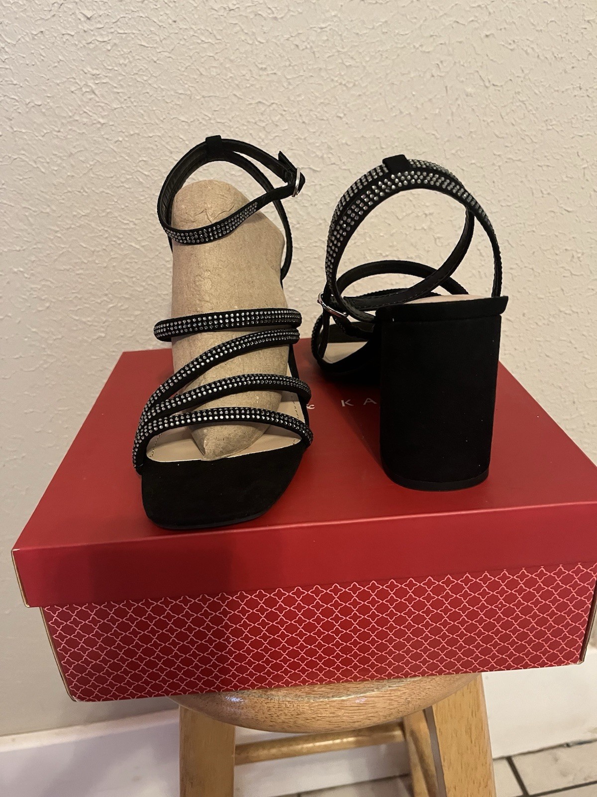 Kelly & Katie Black Microsuede Rhinestone Strappy Ankle Strap Block Heel 7.5M