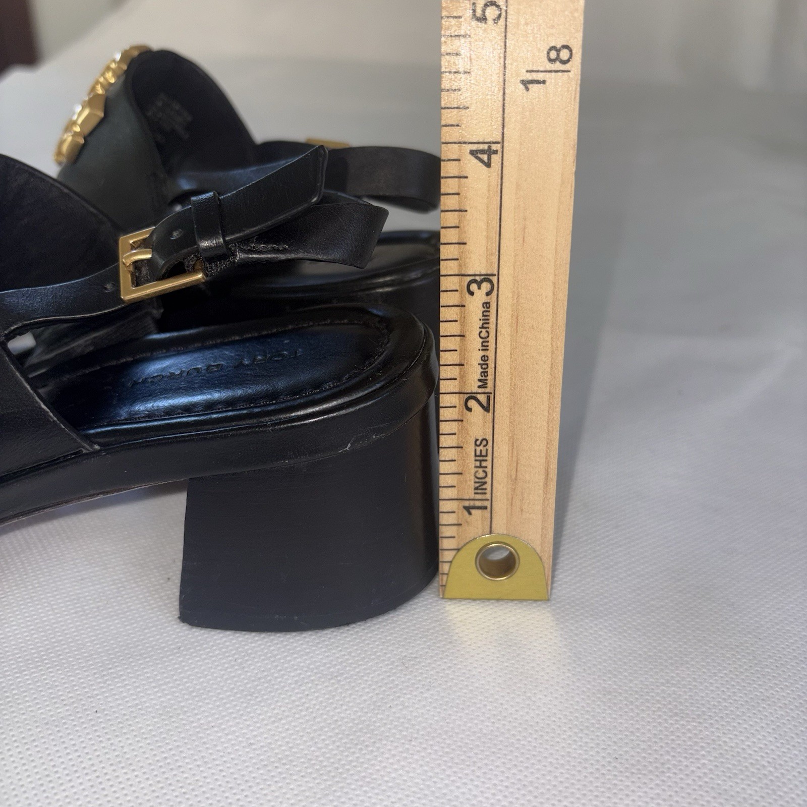 Tory Burch Eleanor Black Leather Block Heel Slingback Sandals US 6 Gold Logo