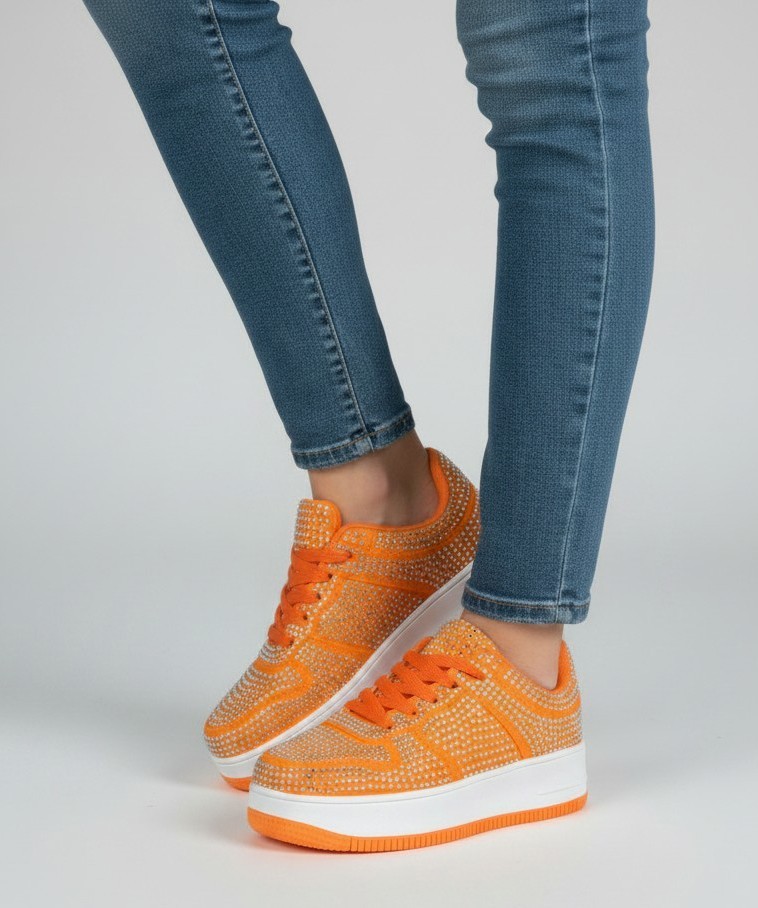 Berness Rhinestone Platform Women Sneakers Glitter Lace Up Tennis Eden08 Orange