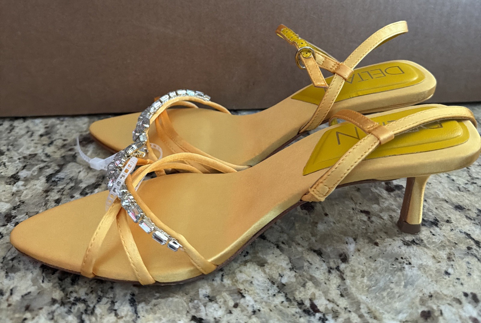 Deltan Yellow Aria Satin Jewel Ornament Dress Sandals – SZ 6.5 NWOT $159 Retail