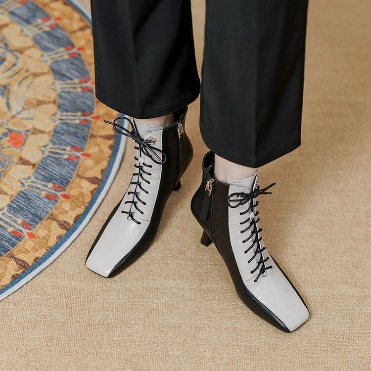 Women Fashion Formal Leather Lace Up Square Toe Stilettos Pump Ankle Boots Shoes