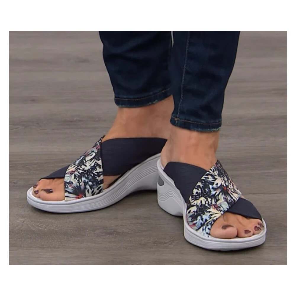 Bzees Diamond X-Band Wedge Slide Sandal | Blue Floral | 11M