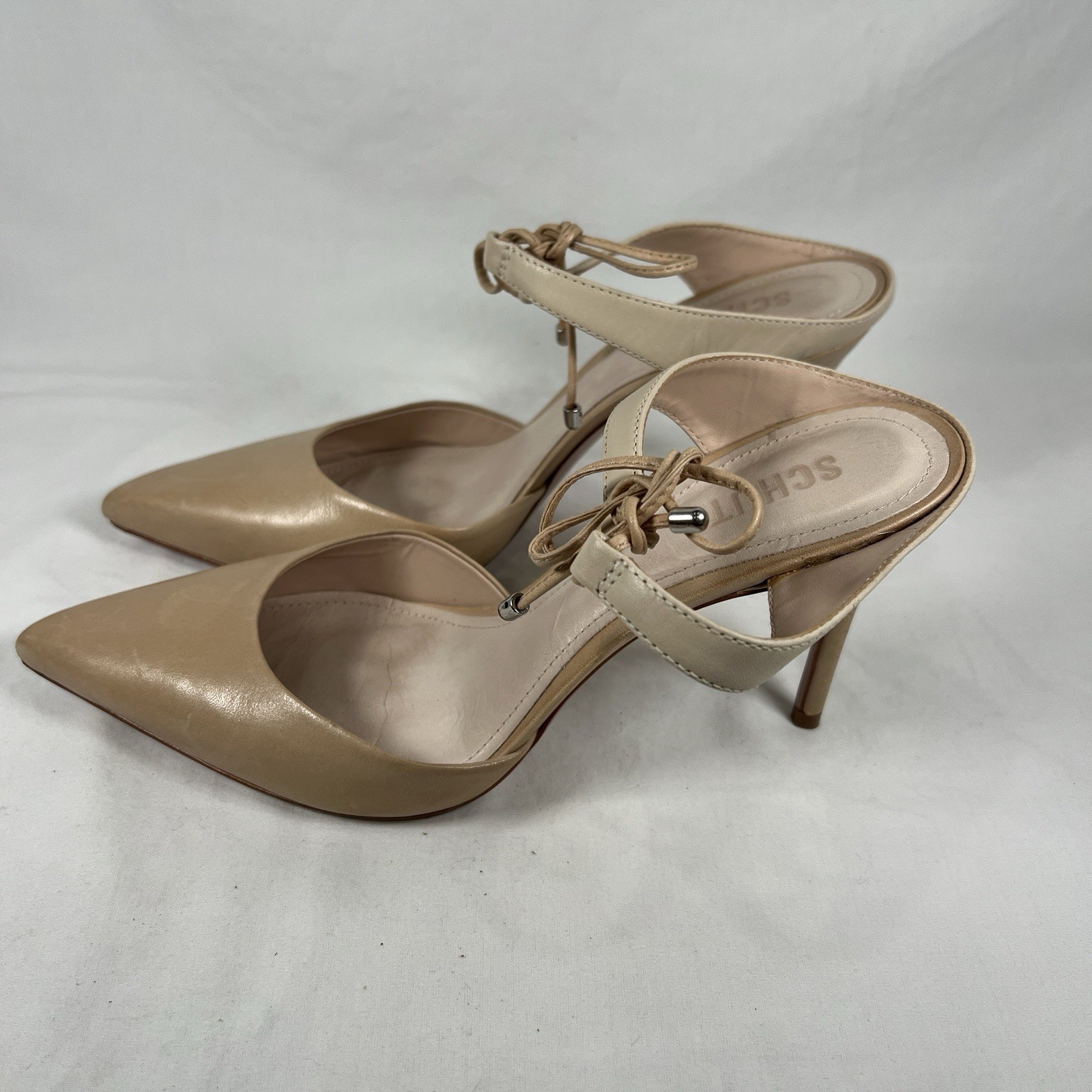 Schutz Nude Leather Pointed Toe Heels Ankle Tie Minimalist Quiet Luxury Sz 9.5B
