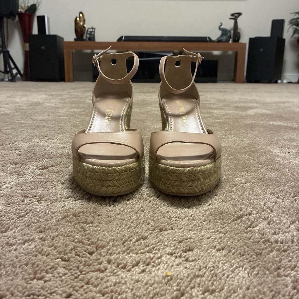 Stuart Weitzman Women’s Beige Leather Wedge Espadrille Sandals US 12
