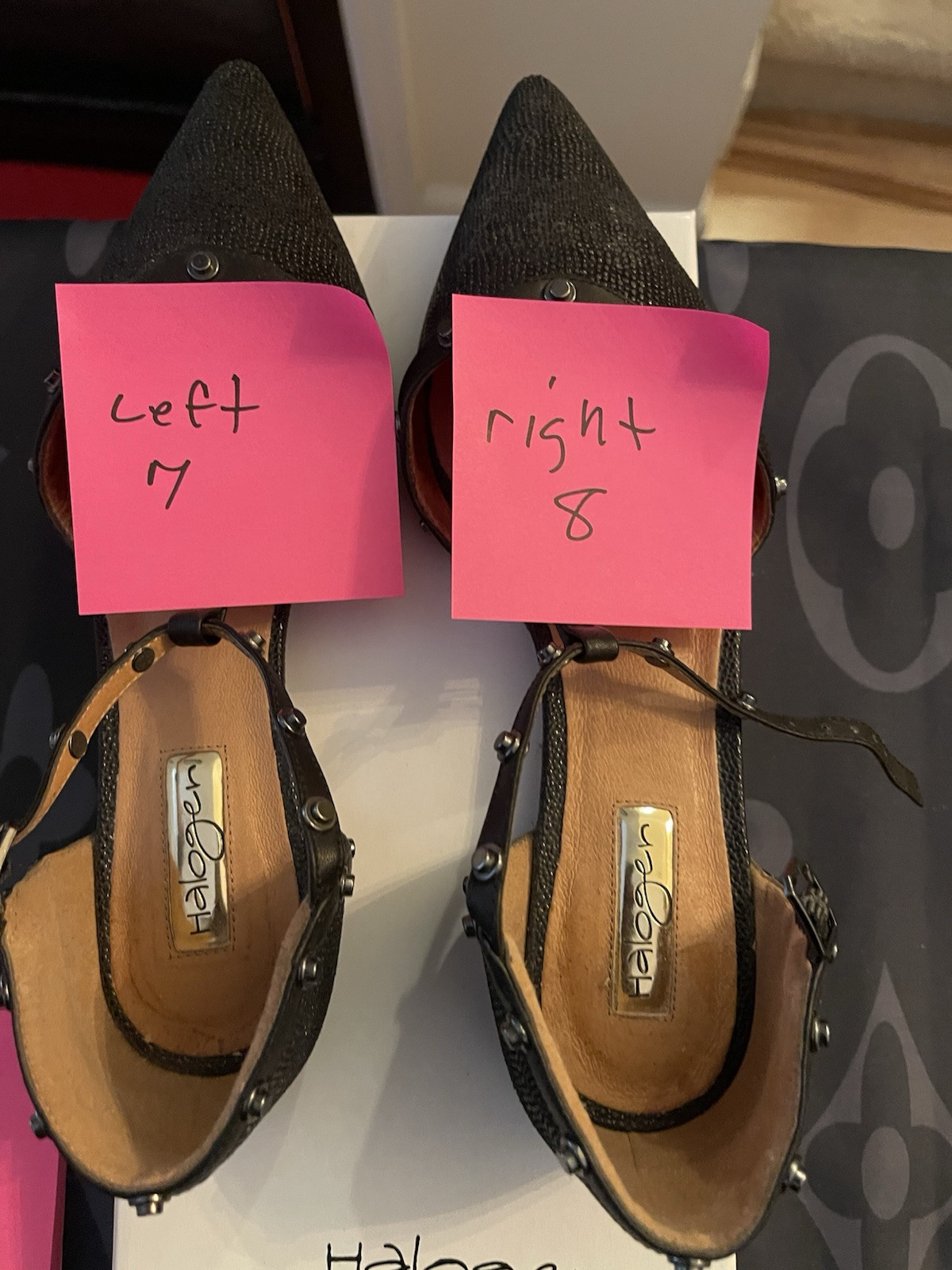 Halogen «Olsen» black pointed toe studded T-strap flats, 7 Left 8 Right Foot