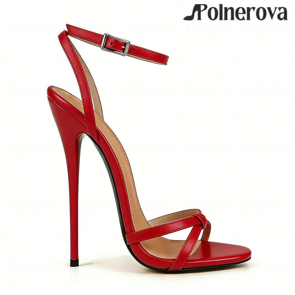 16cm Lacquered Heel Knot Concise Round Open Toe High Heels Sandals Ankle Strap