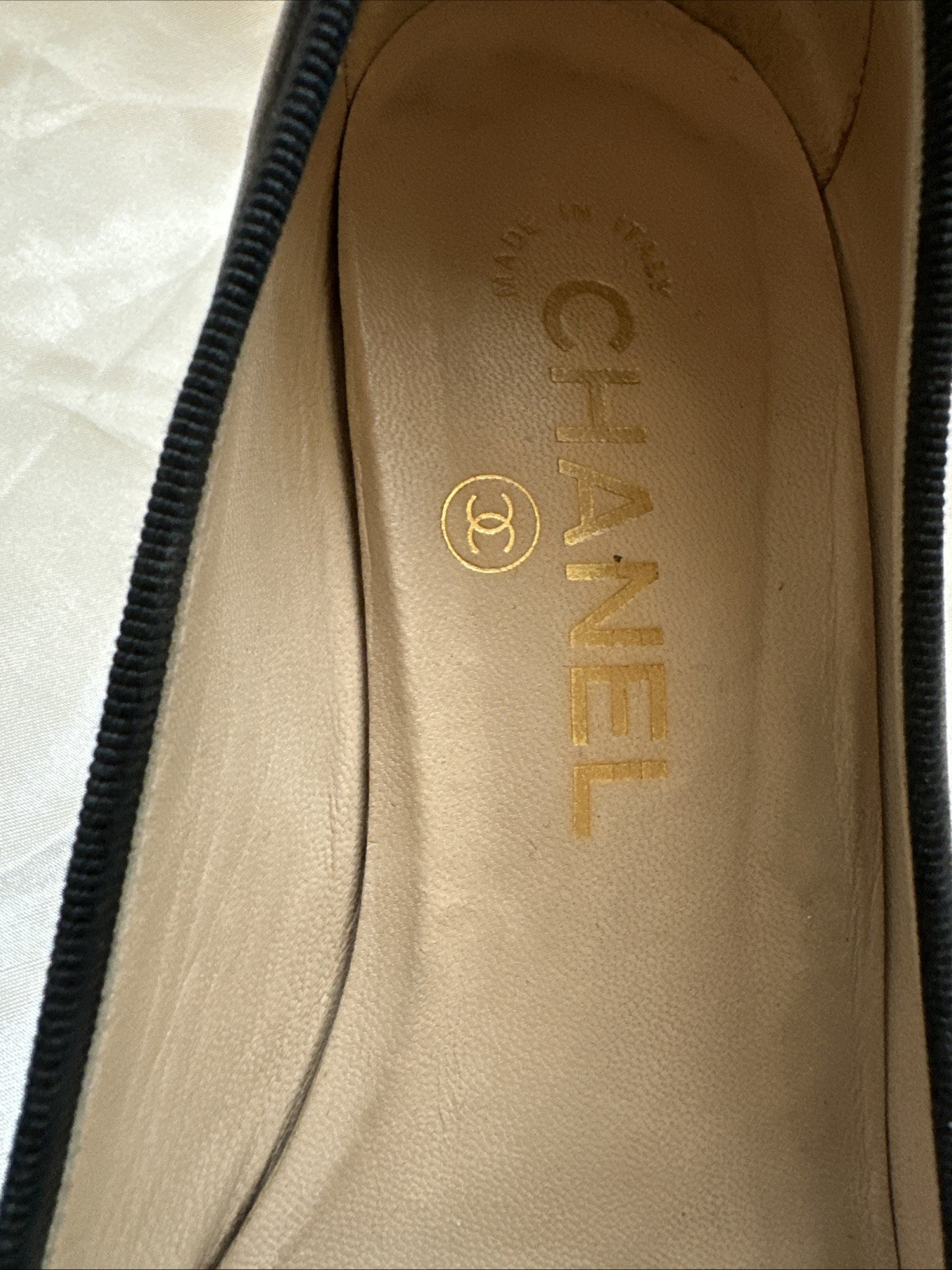 CHANEL Black Patent Leather CC Logo Cap-Toe Pump Heel Wedge Size 37