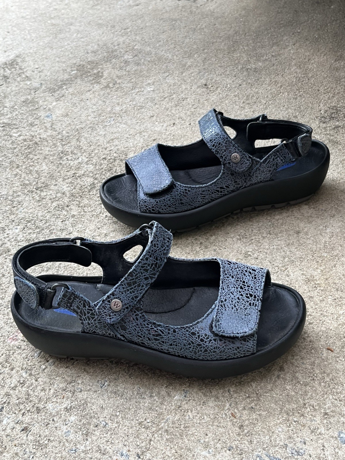 Wolky Rio Denim Blue Cracked Leather comfort low slingback wedge sandals 6 / 37