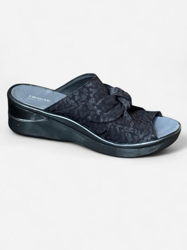 LifeStride BZees Air Step Black/Gray Animal Print Wedge Slide Sandals US 10 W