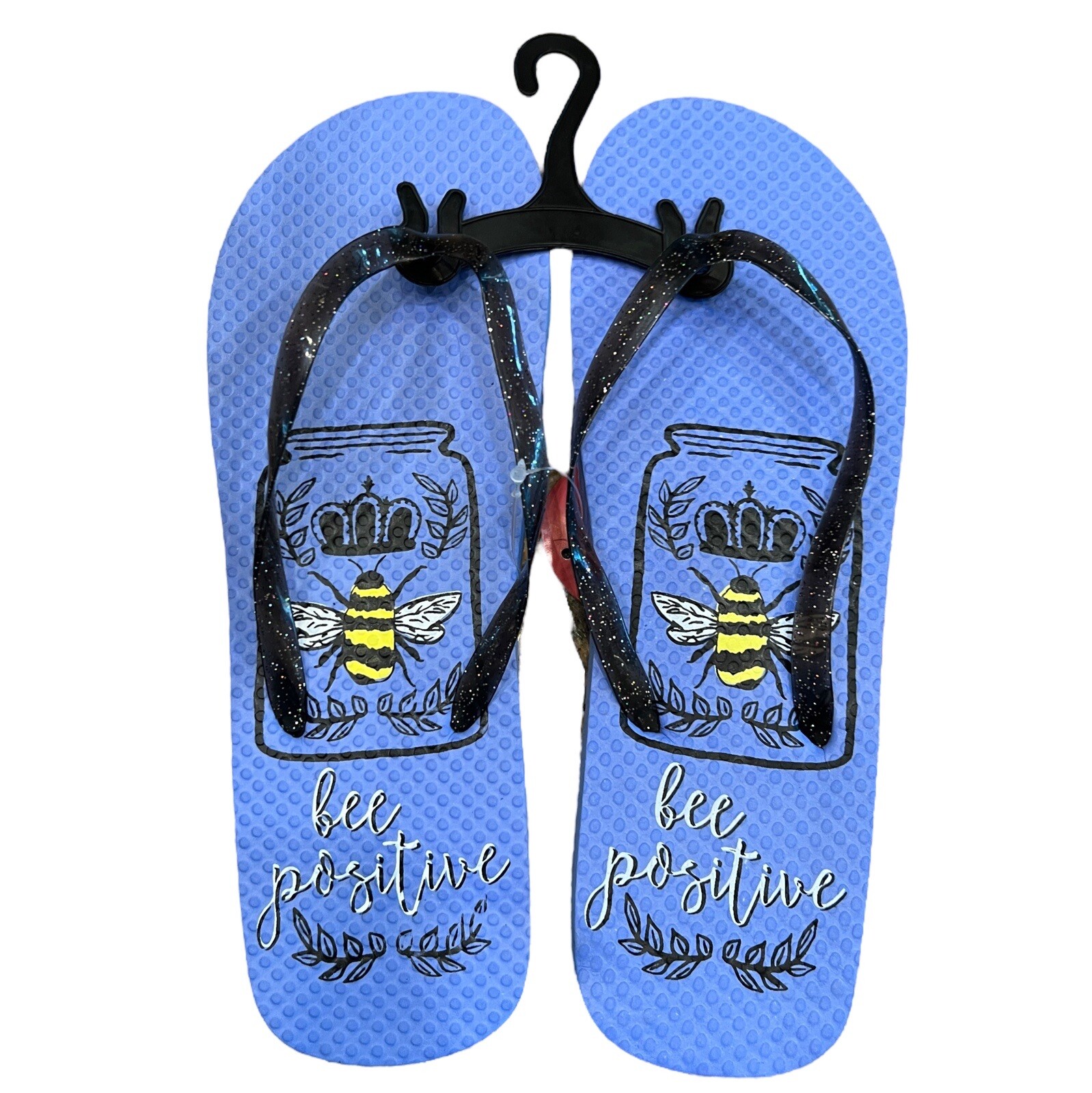 New Size M 7/8 “Bee Positive” Summer Rubber Flip Flops, Glitter Straps