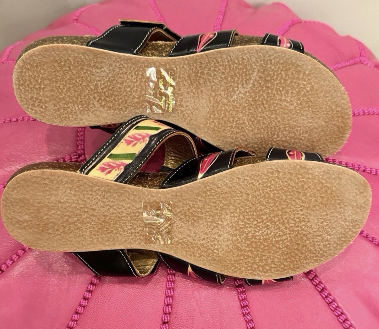 Elite By Corkys Size 7 Women’s Black/Pink Flower Leather Sandals. NWOB