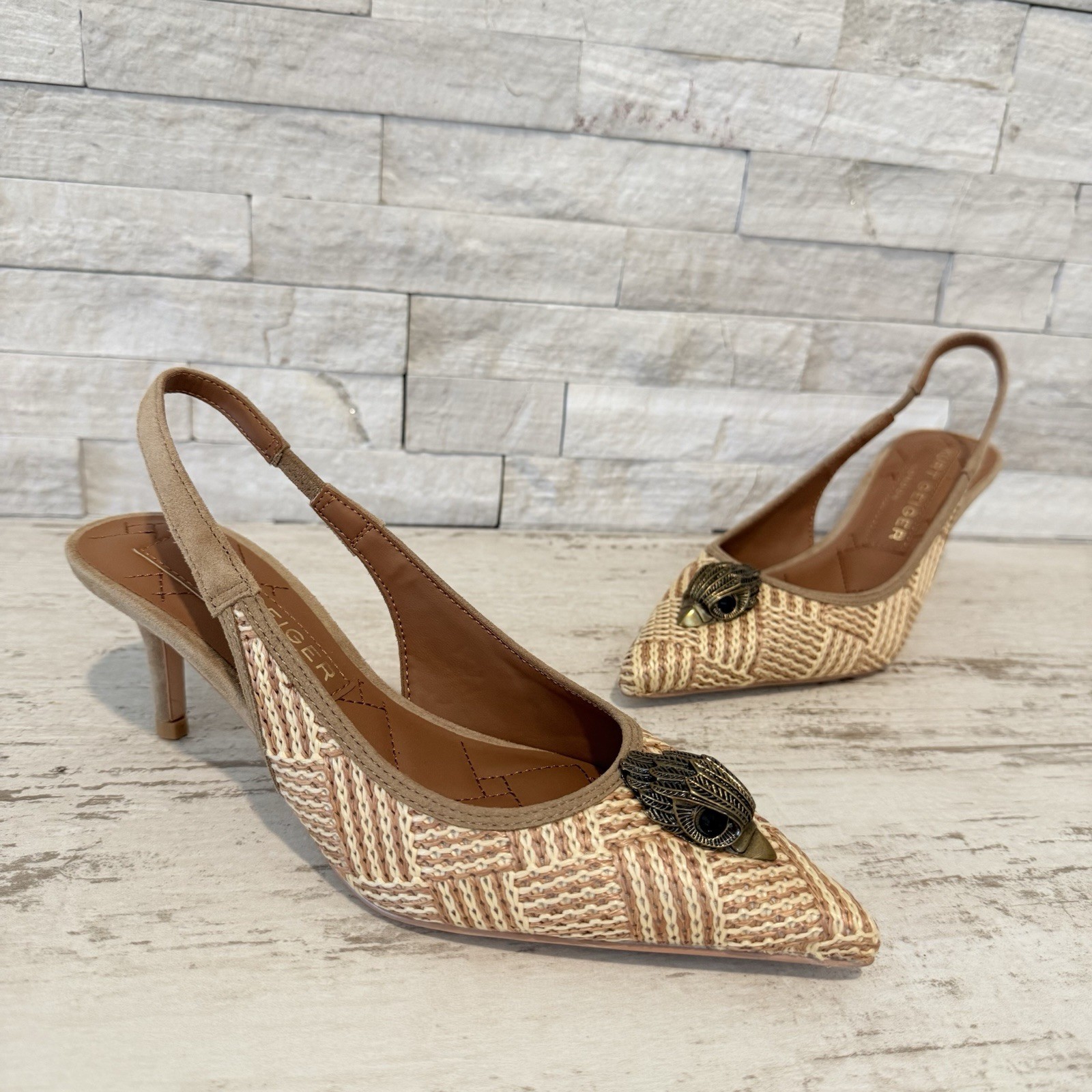 Kurt Geiger London Belgravia Slingback Raffia Woven Heels Beige Combo Size 36 EU